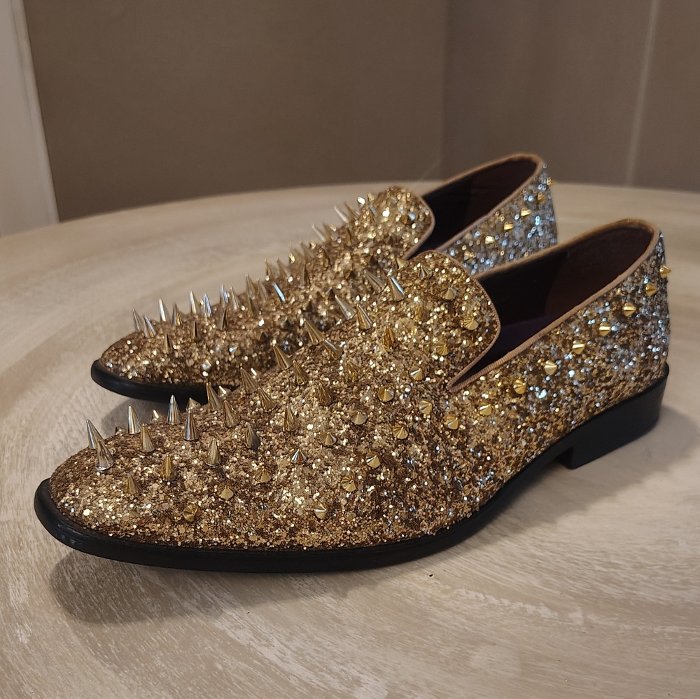 After Midnite Gold Spikes Slip-on Smoking Men's Prom Dress Shoes Size 10